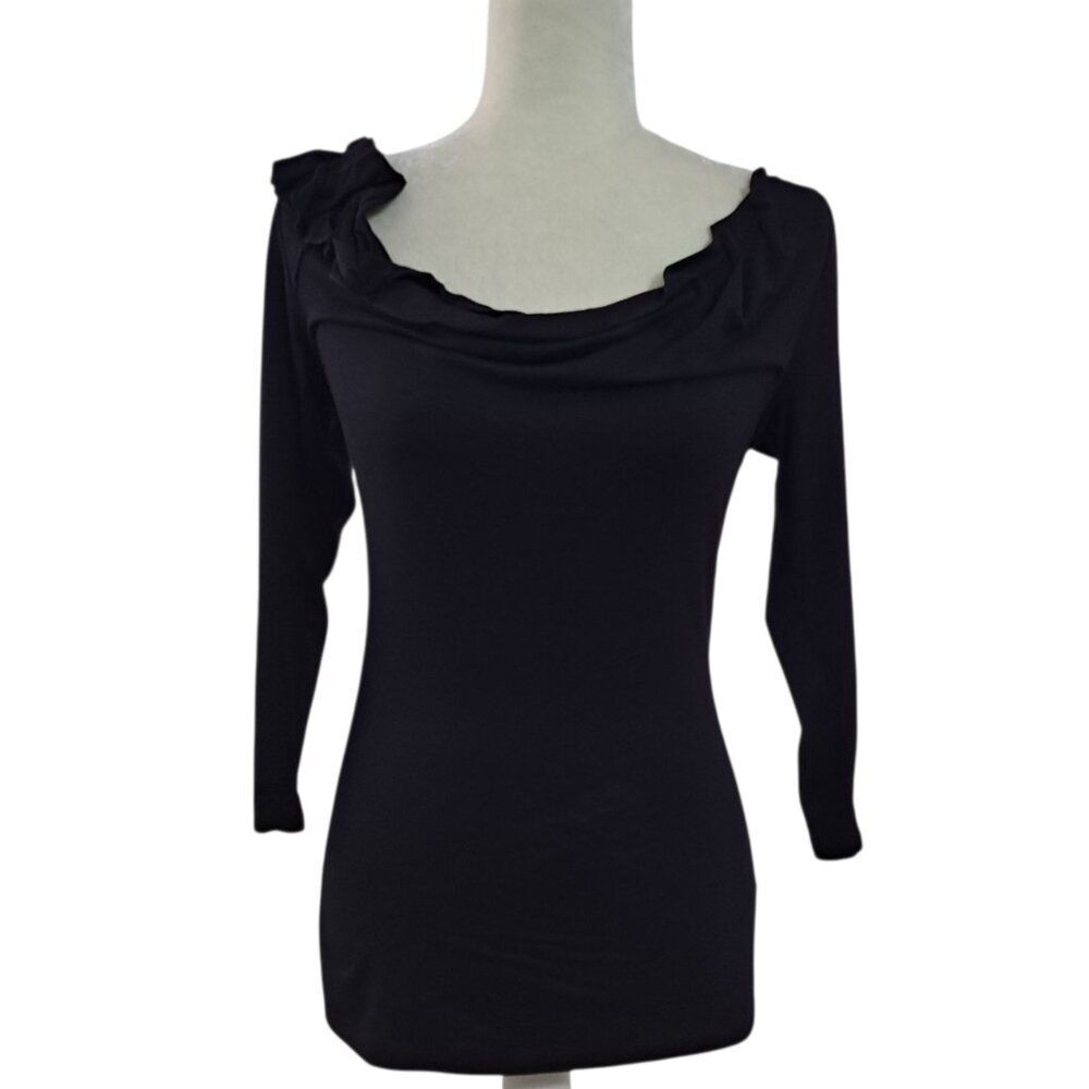 Deletta Anthropologie Women's 3/4 Sleeve Black Boat Neck Ruche Rayon Sz XS